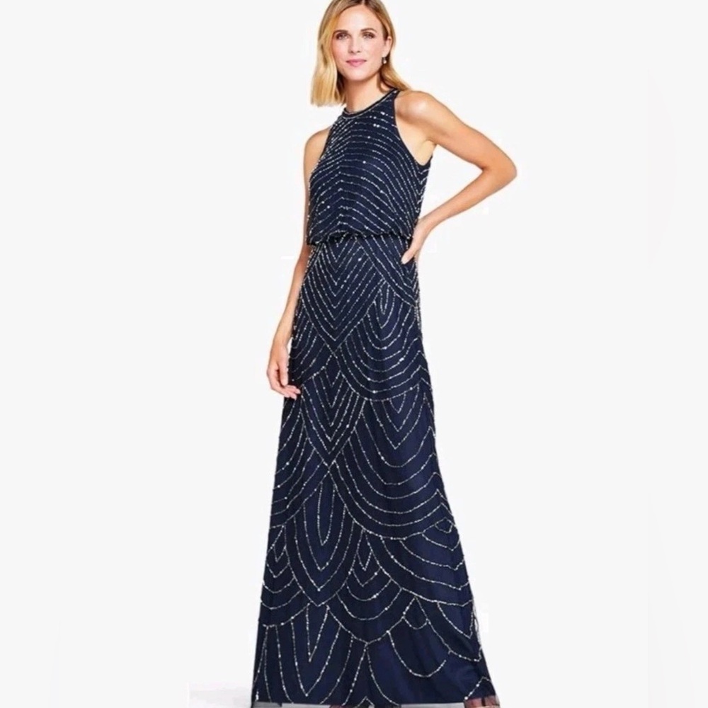 Adrianna Papell Navy Beaded Halter Maxi Dress